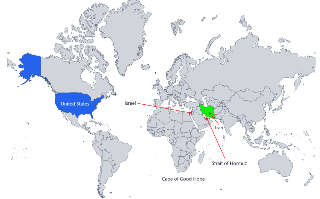 World Map showcasing areas of conflict in Operation Epic Fury - with US and Israel in blue, Iran in green and the Strait of Hormuz and Cape of Good Hope labelled.