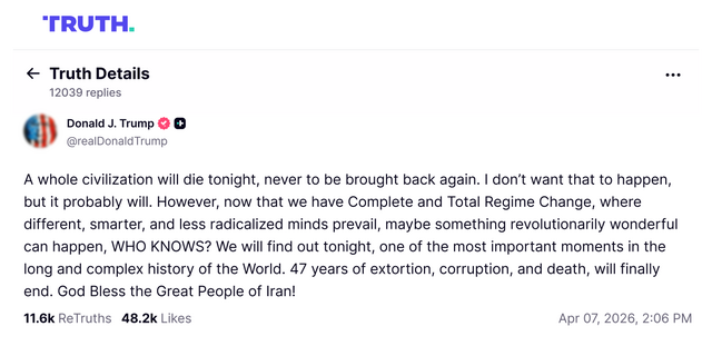 Trump's "whole civilisation will die tonight" post on Truth Social in full